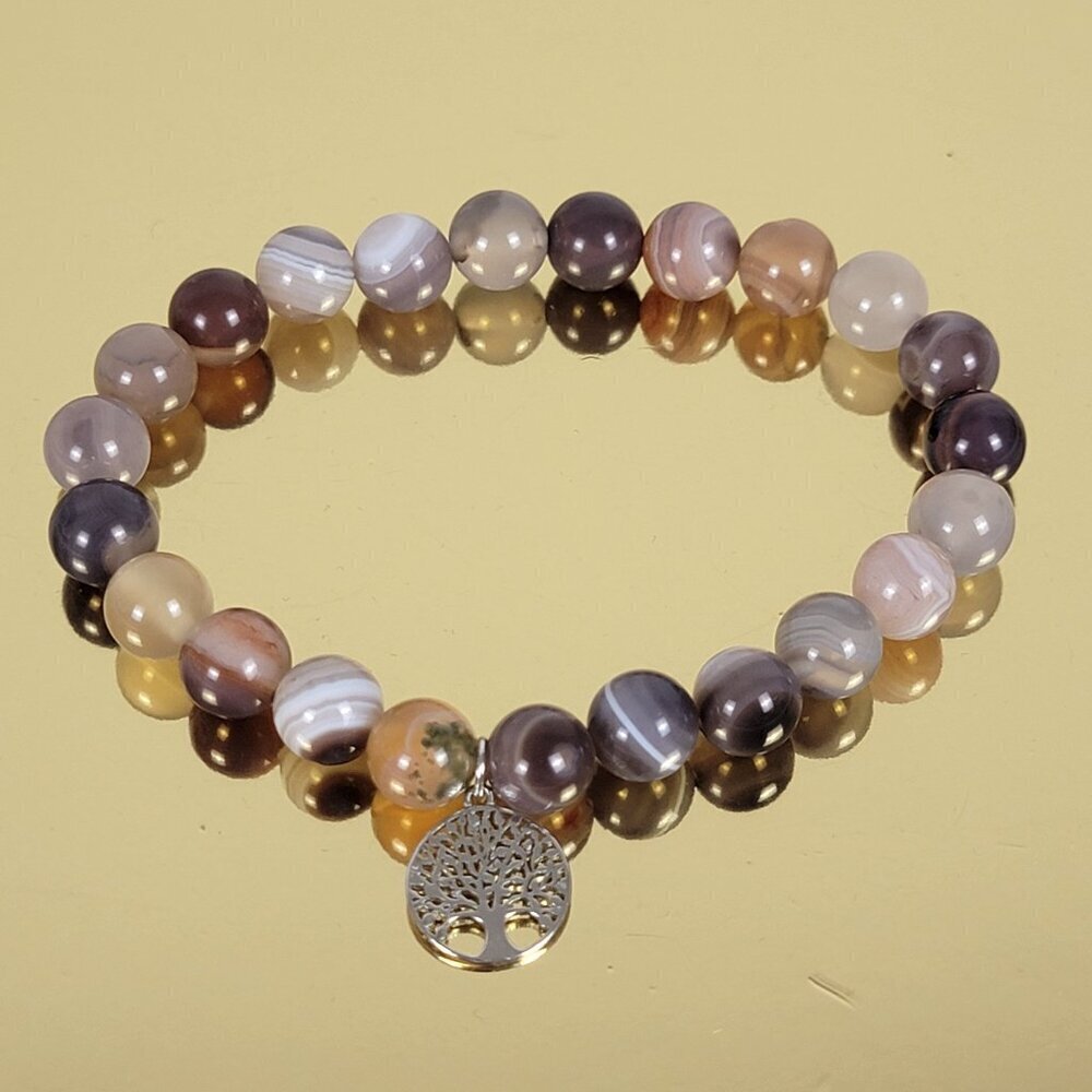 Sterling Silver Tree Of Life Charm Natural Quartz Beaded Stretch Bracelet 6.5 In